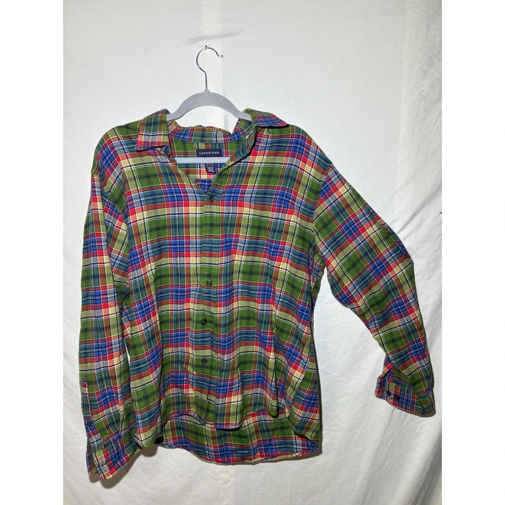 Lands End Mens Flannel Shirt Large Green Blue Red Plaid Button Down 381718 - Picture 1 of 6